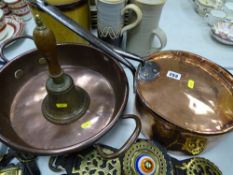 Large 19th Century lidded copper pan with steel handles, a circular copper cheese pan with handles