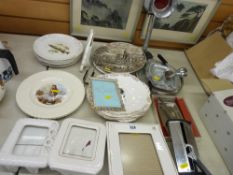 Large parcel of mixed teaware, display plates, three pottery picture frames etc