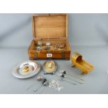 Vintage lidded box and contents including costume jewellery, an EP dish, a good mauchline ware