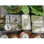 Tray of small novelty china pieces and three glass vegetable serving dishes with plated lids