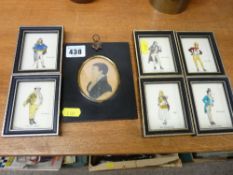 Black framed miniature of a Georgian gentleman and six miniatures of Dickens characters