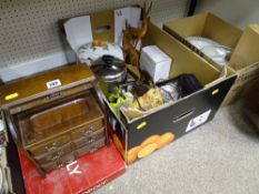Two boxes of mixed china and sundry items, small wooden miniature jewellery bureau and a cased