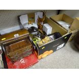 Two boxes of mixed china and sundry items, small wooden miniature jewellery bureau and a cased