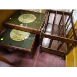 Polished wood glass topped nest of two tables with map of the world top and a polished wood