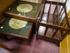 Polished wood glass topped nest of two tables with map of the world top and a polished wood