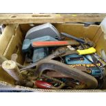 Box of hand tools including hammers, brace and bit, Black & Decker jigsaw and a Black & Decker