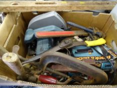 Box of hand tools including hammers, brace and bit, Black & Decker jigsaw and a Black & Decker