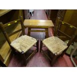 Pair of small woven seated chairs and a hardwood stool