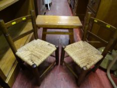 Pair of small woven seated chairs and a hardwood stool