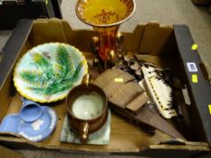 Box of reproduction lovespoons, wooden model of an Oriental boat, a Majolica style bowl etc