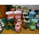 Eight pairs of milk glass vases etc