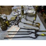 Good parcel of metalware - brass blow lamp, two block salt steel tongs, pair of brass handled fire