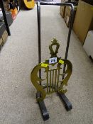 Excellent brass and iron lyre shaped adjustable fireplace stand