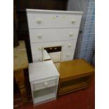 Good melamine chest of six drawers, bedside cabinet, magazine table and a framed wall mirror