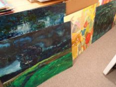 JOHN CHERRINGTON four large unframed landscape abstract scenes, majority signed, various sizes and a