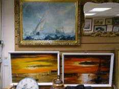 Pair of oils on board by BILLINGTON - sunset seascapes and a gilt framed print of warships (faded)