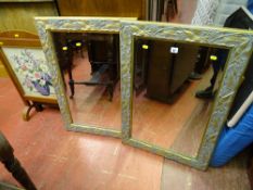 Pair of matching bevelled edge mirrors and a tapestry firescreen