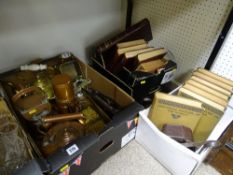 Good parcel of copper and brassware in a box and a parcel of books 'The History of the War' etc