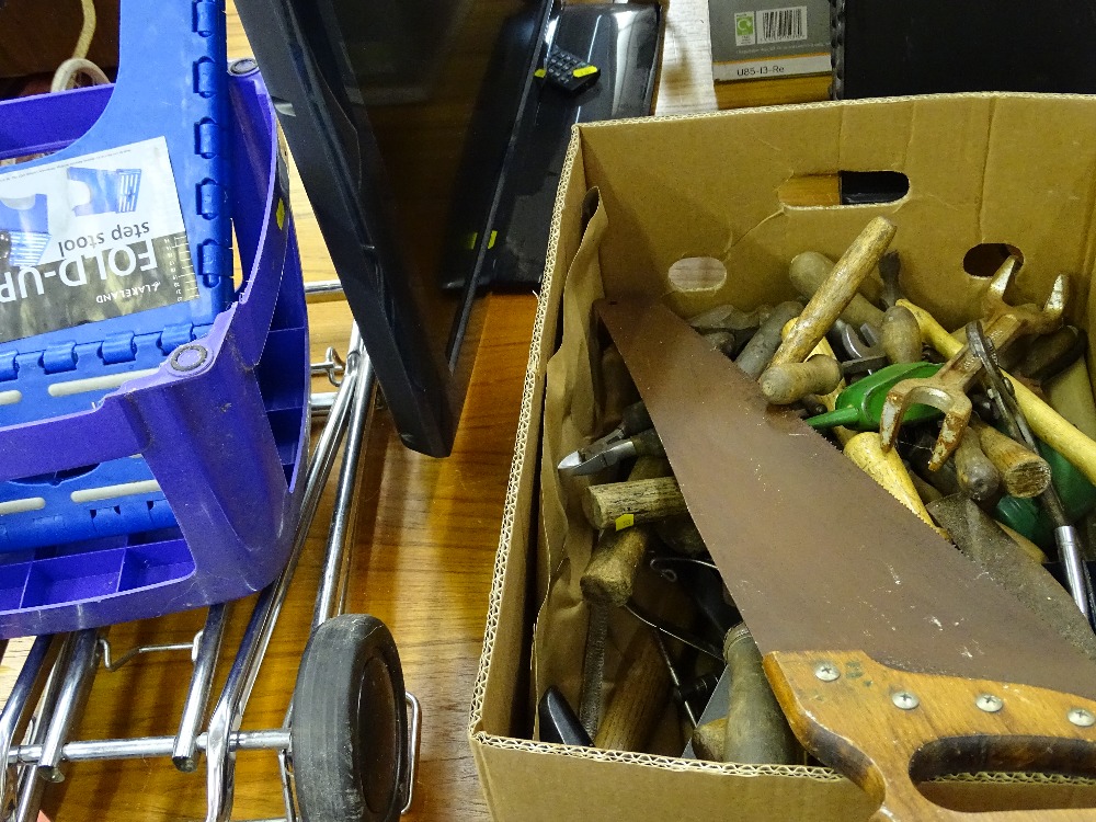 Box of hand tools, spanners, files, saw, wrenches etc, a small chrome folding trolley and two blue