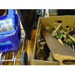 Box of hand tools, spanners, files, saw, wrenches etc, a small chrome folding trolley and two blue