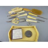 Vintage ivorine manicure set, a Lusitania (German) medal etc