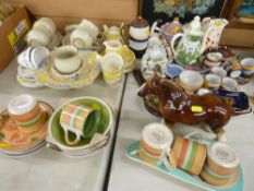 Large parcel of mixed breakfast ware pottery, Oriental coffee set, sundry teapots, Masons tray and a
