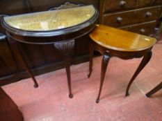 Half moon leather tooled top hall table and another smaller