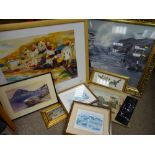 Large gilt framed print - breaking seas on a rocky coast (fading) and parcel of other small prints
