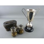 Silver two handled presentation trophy and a cased pair of vintage opera/field glasses
