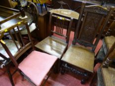 Parcel of three chairs including a farmhouse style, a carved back hall chair and a pink