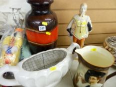 Large German pottery red banded vase, Toby jug (damaged), an oval two handled vase and an Italian