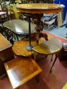 Circular inlaid Italian style table, a central floral inlaid coffee table, a half moon hall table,