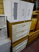 Pair of matching three drawer bedroom chests and a white three drawer bedside chest