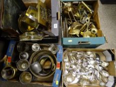 Two boxes of mixed brassware and two boxes of electroplate and electroplated cutlery
