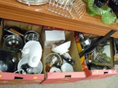 Three boxes of mainly kitchen items and a framed print etc