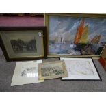 Parcel of mixed miscellaneous paintings, maps etc and an oil on board - yachts and harbour scene