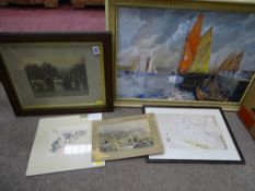 Parcel of mixed miscellaneous paintings, maps etc and an oil on board - yachts and harbour scene