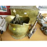 Brass lidded coalbox, brass helmet coal scuttle and a lustre metal cannon on carriage poker and