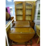 Four items of vintage oak/walnut furniture to include sideboard, bureau top bookcase, gate leg