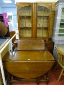 Four items of vintage oak/walnut furniture to include sideboard, bureau top bookcase, gate leg