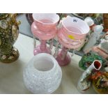 Pair of pink milk glass drop lustre vases and a speckled white glass lampshade