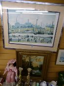 Large LOWRY print - northern river scene and an oil on canvas - river scene with swans