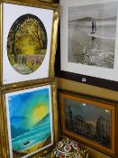 Framed photograph - two figures on a beach, a framed metal street study and two paintings