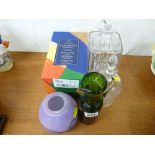 Boxed Dartington Crystal Etruscan purple bowl, a decanter, a cut vinegar jug and a green glass jug