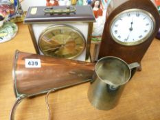 Antique copper beer muller, two clocks and a plated tankard