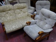 Three piece suite with hardwood frame (settee has been re-covered in floral upholstery)