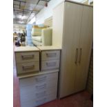 Modern light wood four piece bedroom set of two door wardrobe, four drawer chest and twin two drawer
