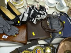 Parcel of lady's handbags, pair of gloss black shoes and a pair of gloves