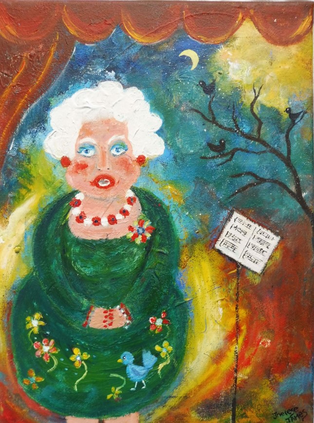 THERESE JAMES unframed acrylic on canvas - 'The Opera Singer', 12 x 15 inches www.