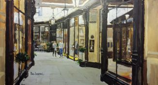 PAUL WESTON framed oil on board - 'Morgan Arcade Cardiff', 28 x 15cms www.facebook.com/